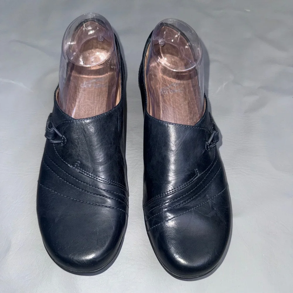 Dansko Black Leather Pleated Slip On Loafers‎ Velcro Closure Wedge Shoes 39